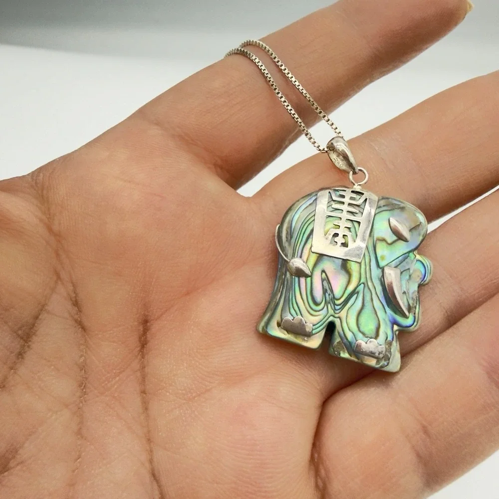 Vtg Abalone Shell Sterling Silver Necklace Elephant Chinese Good Luck Pendant
